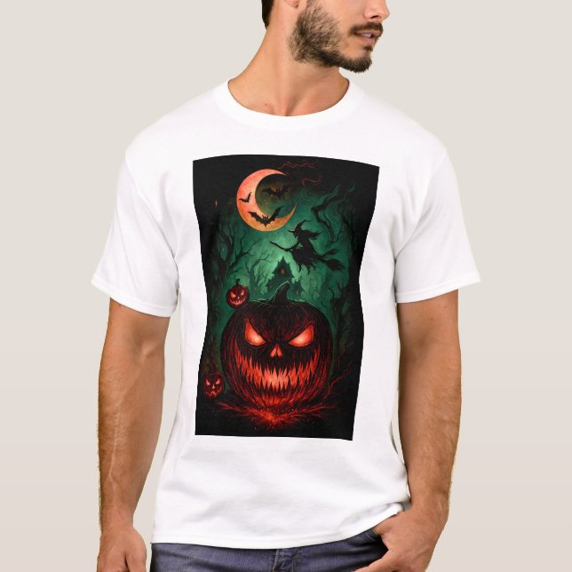T-shirt Evil Pumpkin Under Blood Moon | Witch Flying Hallo (Devant)