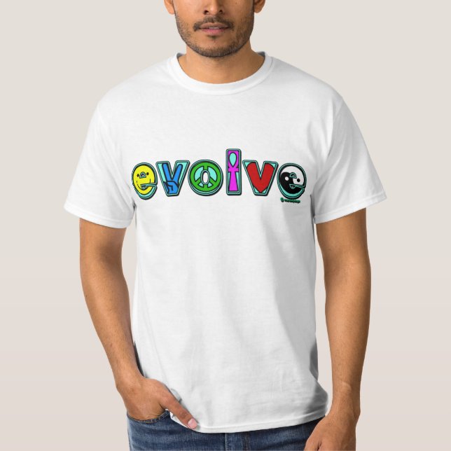 T-shirt ÉVOLUEZ avec six symboles de paix et progressez (Devant)