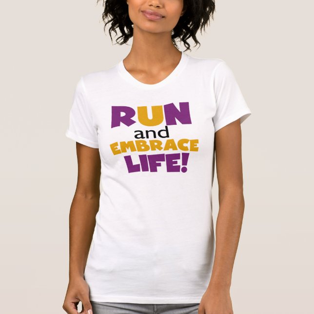 T-shirt Exécuter Embrasser la vie violet jaune (Devant)