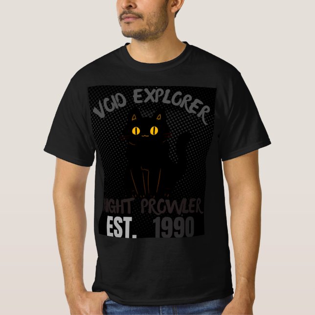 T-shirt Explorateur du Vide Chat Noir Fouineur de Nuit Gra (Devant)