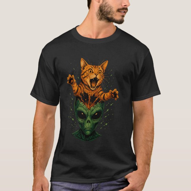 T-shirt Explosion de chat à tête d'alien drôle Sci-Fi Kitt (Devant)
