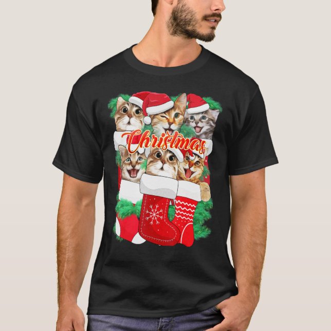 T-shirt Expressions de Visage de Chat Mignon Chat de Noël (Devant)