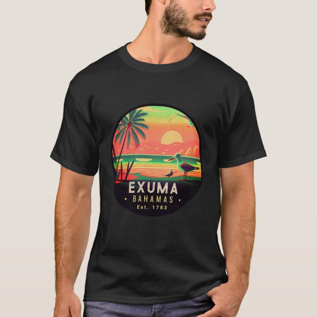 T-shirt Exuma Bahamas Retro Sunset Seagull Souvenir 1950 (Devant)