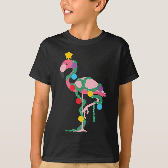 T-shirt Fa La Mingo Flamant rose Rose Lumières Arbre de No (Devant)