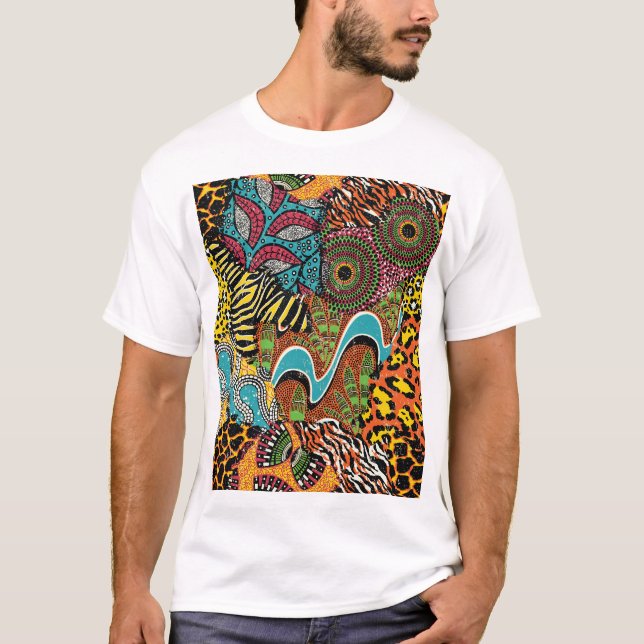 T-shirt Fabric africain : Patchwork d'animaux sauvages. (Devant)