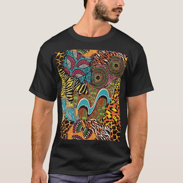 T-shirt Fabric africain : Patchwork d'animaux sauvages. (Devant)