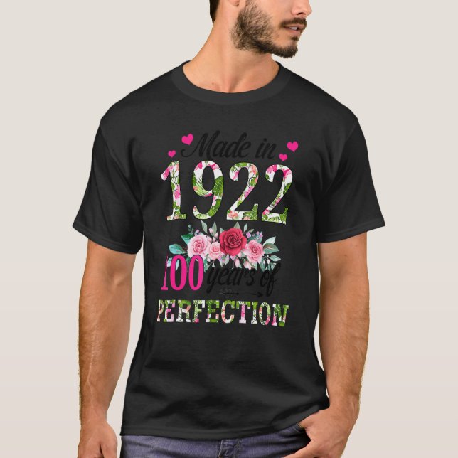 T-shirt Fabriqué En 1922 Floral 100 Ans 100e Anniversaire  (Devant)