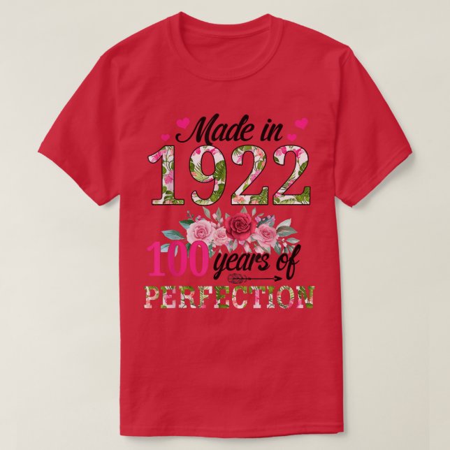 T-shirt Fabriqué En 1922 Floral 100 Ans 100e Anniversaire  (Design devant)
