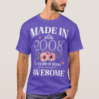 T-shirt Fabriqué En 2008 Floral 14 Ans 14e Cadeau