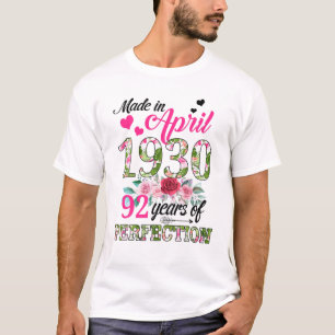 T-shirt Fabriqué En Avril 1930 Floral 92 Ans 92E Anniversa