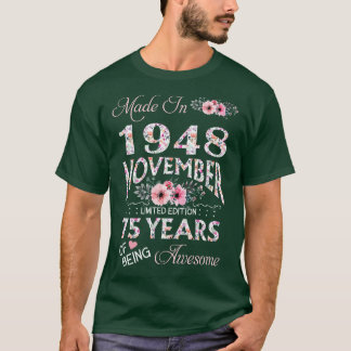 T-shirt Fabriqué En Octobre 1948 Floral 75 Ans D'Être