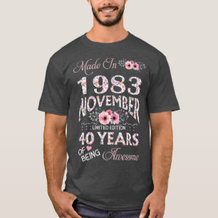 T-shirt Fabriqué En Octobre 1983 Floral 40 Ans D'Être