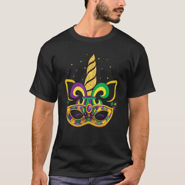 T-shirt Face Unicorne Mardi Gras Masque Perles Fête Enfant (Devant)