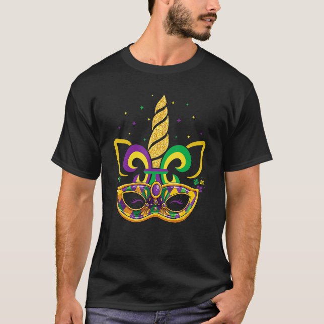 T-shirt Face Unicorne Mardi Gras Masque Perles Fête Enfant (Devant)