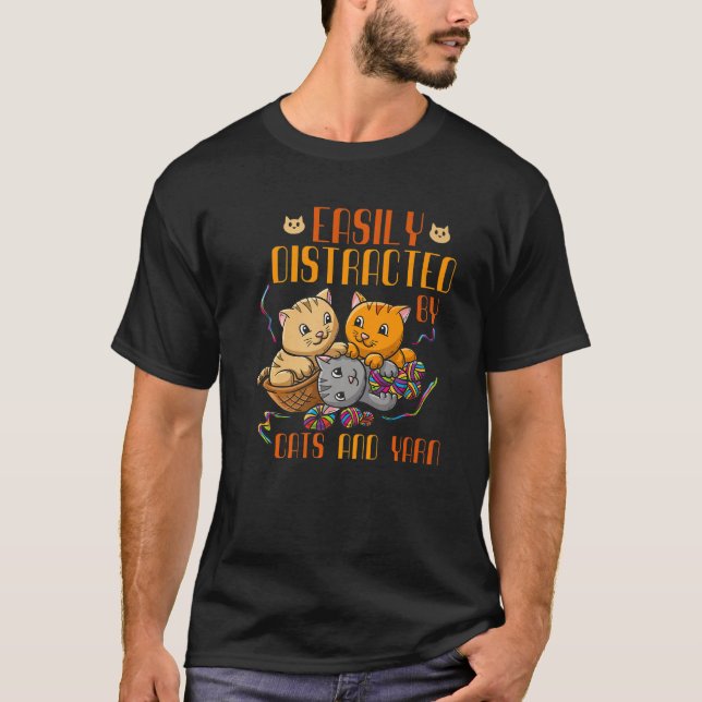 T-shirt Facilement Distrait Par Chats Et Fils Crochet Chat (Devant)