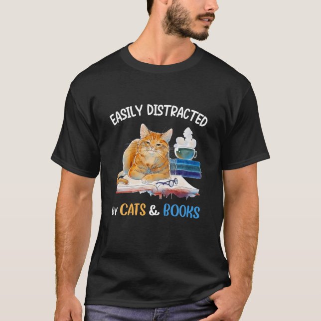T-shirt Facilement Distrait Par Chats Et Livres Chat (Devant)