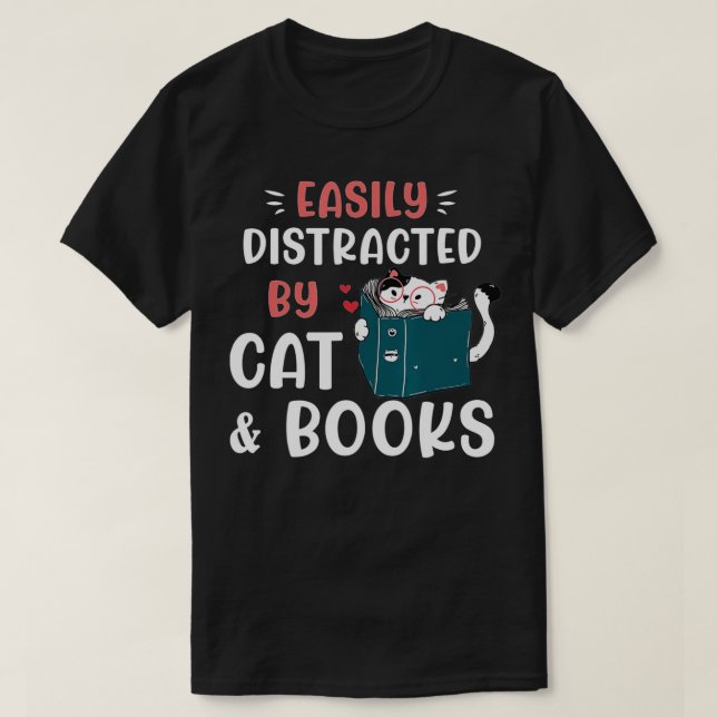 T-shirt Facilement distrait par Chats et Livres, Chat & Li (Design devant)