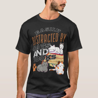 T-shirt Facilement Distrait Par Chats Et Livres Chat Noir 