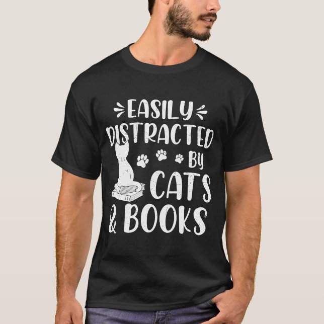 T-shirt Facilement Distrait Par Chats Et Livres Cute Chat  (Devant)