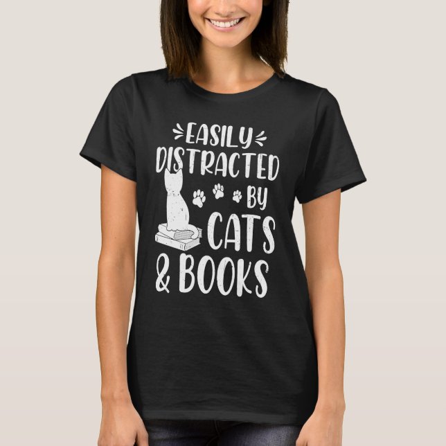 T-shirt Facilement Distrait Par Chats Et Livres Cute Chat  (Devant)