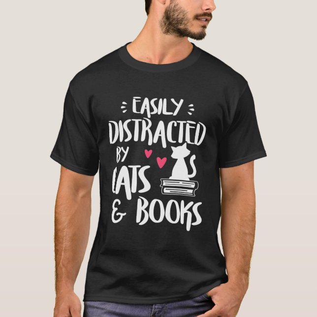 T-shirt Facilement Distrait Par Chats Et Livres Livre Chat (Devant)