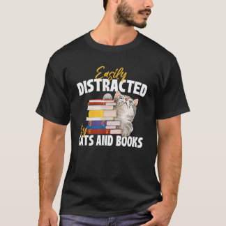 T-shirt Facilement Distrait Par Les Chats Et Les Livres -