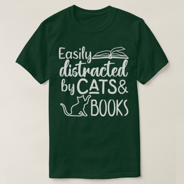 T-shirt Facilement distrait par les chats et les livres -  (Design devant)