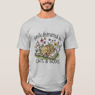 T-shirt Facilement distrait par les chats et les livres
