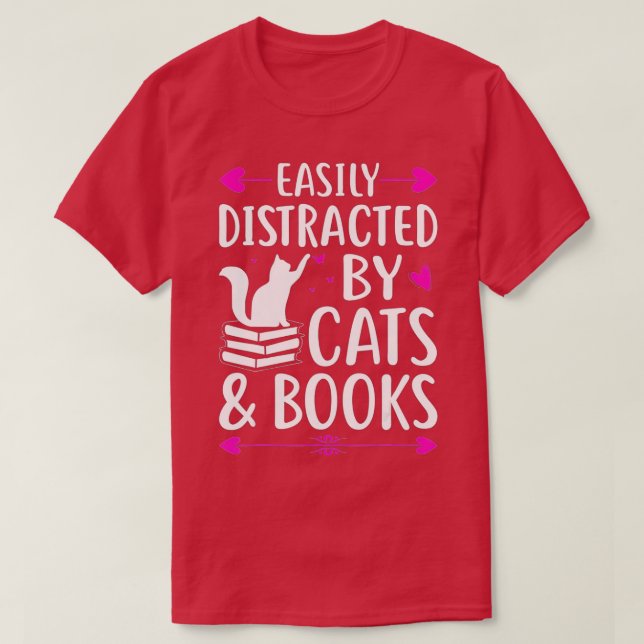 T-shirt Facilement Distrait Par Les Chats Et Les Livres -  (Design devant)