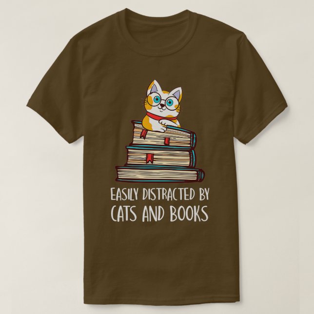 T-shirt Facilement Distrait Par Les Chats Et Les Livres -  (Design devant)