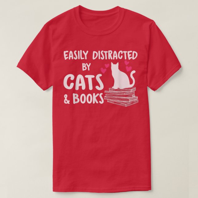 T-shirt Facilement distrait par les chats et les livres am (Design devant)