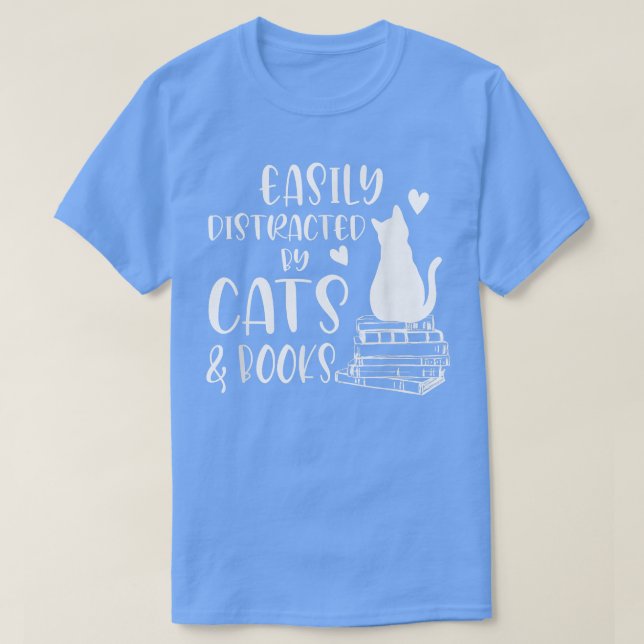 T-shirt Facilement distrait par les chats et les livres am (Design devant)