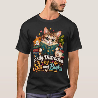 T-shirt Facilement Distrait par les Chats et les Livres Mi