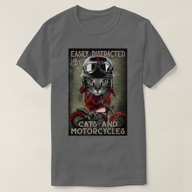 T-shirt Facilement distrait par les chats et les motos noi (Design devant)