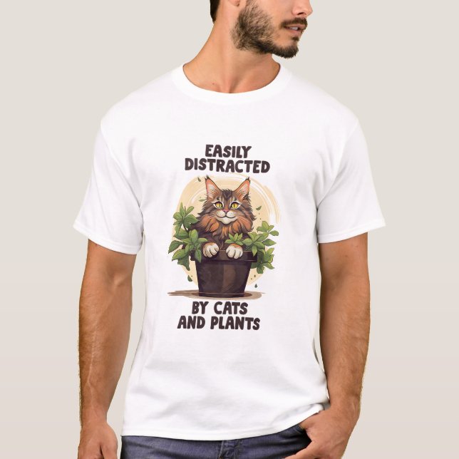 T-shirt Facilement Distrait Par Les Chats Et Les Plantes (Devant)