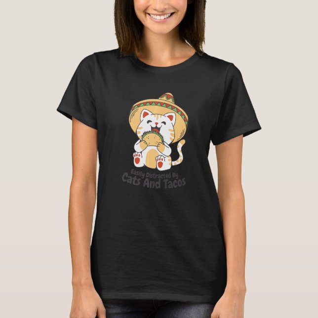 T-shirt Facilement Distrait Par Les Chats Et Les Tacos (Devant)