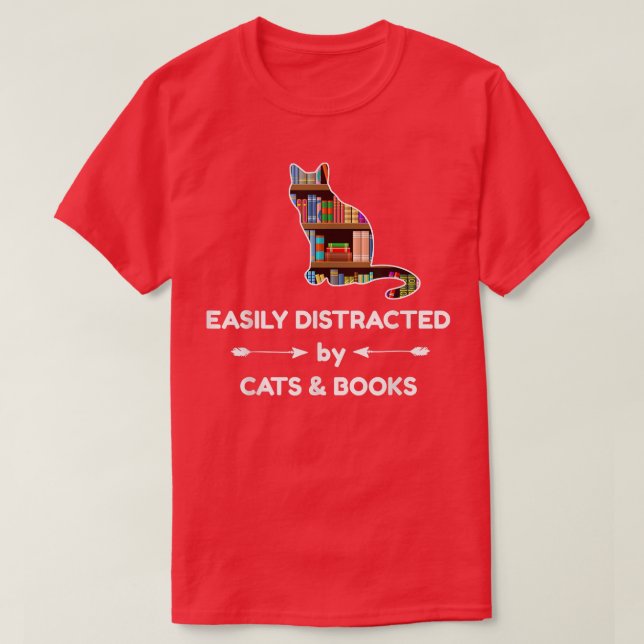 T-shirt Facilement Distrait Par Les Chats Et Livres  (Design devant)