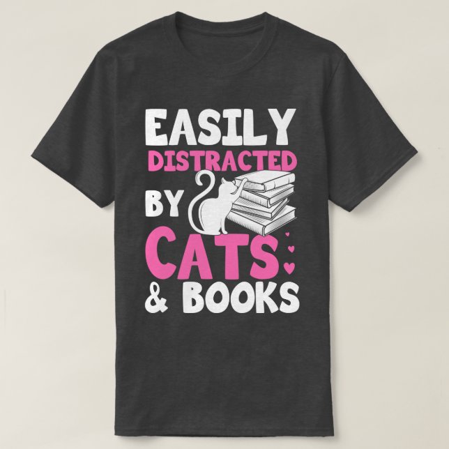 T-shirt Facilement Distrait Par Les Chats Et Livres Cadeau (Design devant)