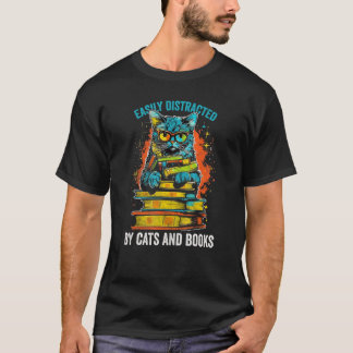 T-shirt Facilement distrait par les chats et livres Lectur