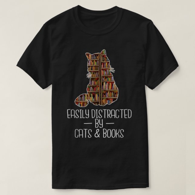T-shirt Facilement distrait par les chats livres Lover liv (Design devant)
