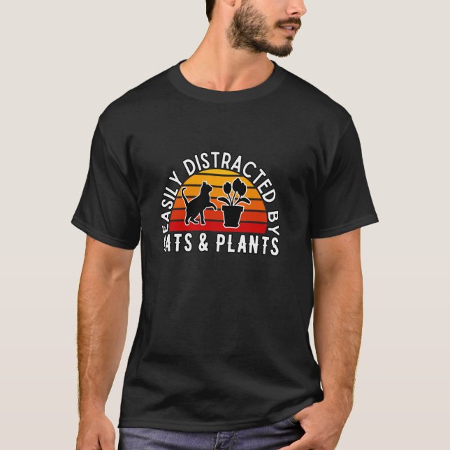 T-shirt Facilement Distrait Par Les Chats & Plantes Couche (Devant)