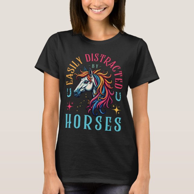 T-shirt Facilement Distrait Par Les Chevaux, Cheval Drôle (Devant)