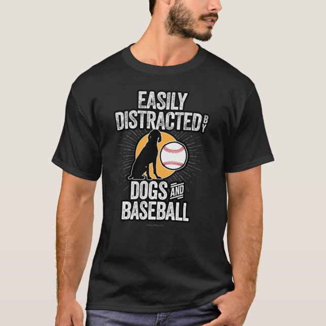 T-shirt Facilement distrait par les chiens et le baseball (Devant)