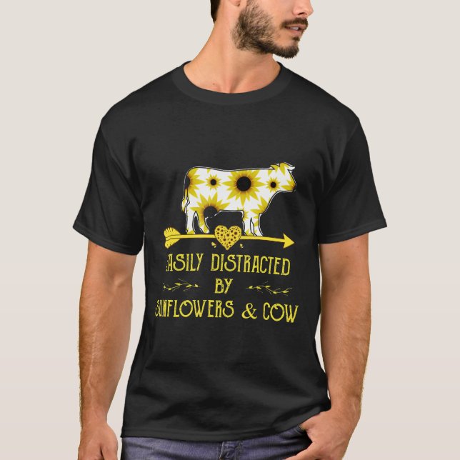 T-shirt Facilement Distrait Par Les Tournesols Et La Vache (Devant)