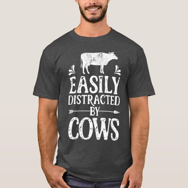 T-shirt Facilement Distrait Par Vaches Drôle Vache Farmer  (Devant)