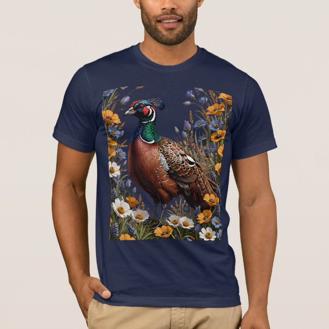 T-shirt Faisan commun parmi les fleurs violettes (Devant)