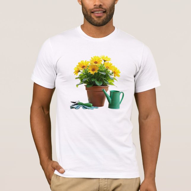 T-shirt Faisceaux jaunes en pot à fleurs avec outils de ja (Devant)