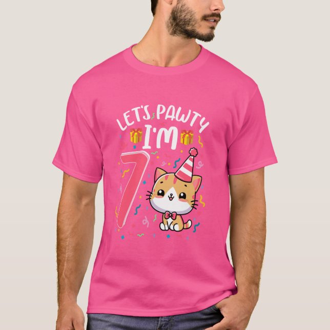 T-shirt Faisons la Pawty j'ai 7 ans fille chat chaton 7e a (Devant)
