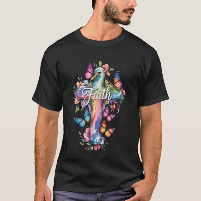 T-shirt Faith Cross Butterflies Floral Religious Christ Fl (Devant)