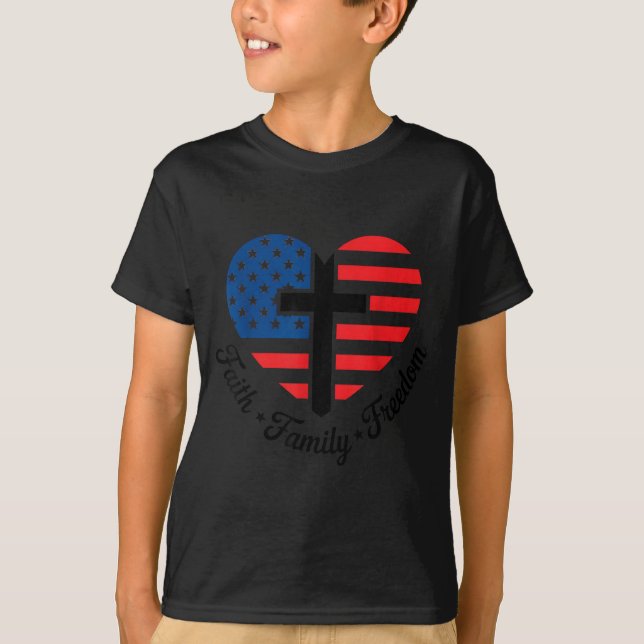T-shirt Faith Family Dom Usa Flag Cross Heart Patriotic Am (Devant)